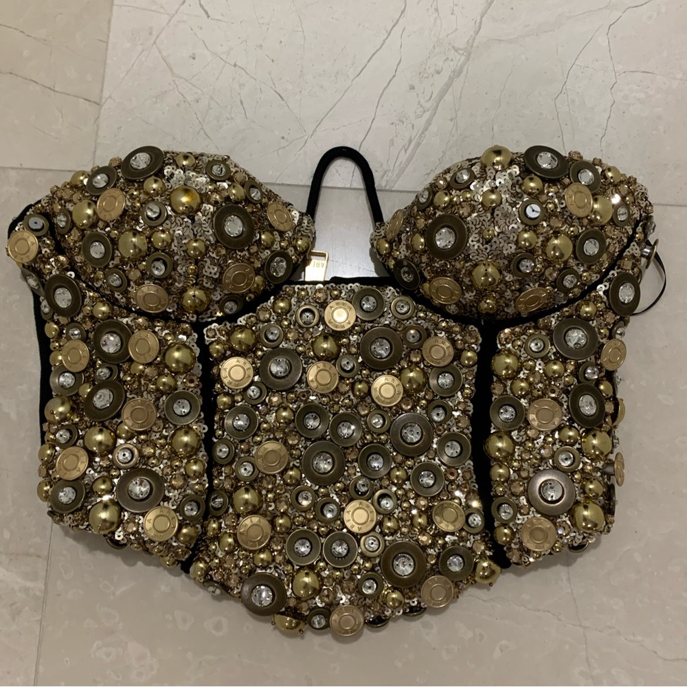 New AREA Cropped Crystal-embellished Ponte Bustier Top In Black/gold Size S